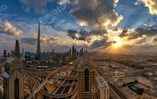 Preview: Cityscape of the Dubai, United Arab Emirates, with the Burj Khalifa and other skyscrapers under a