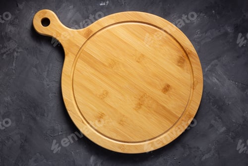 Preview: Pizza cutting board for homemade bread cooking or baking on table. Empty pizza board