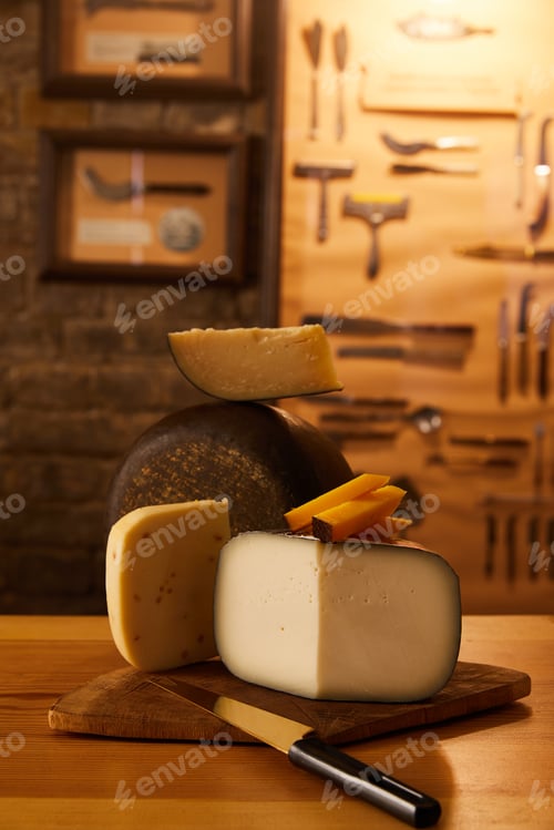 Preview: close-up shot of various sorts of sliced cheese with knife on wooden boards