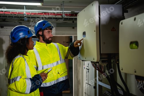 Preview: Two workers in yellow and blue safety gear are working on a power box