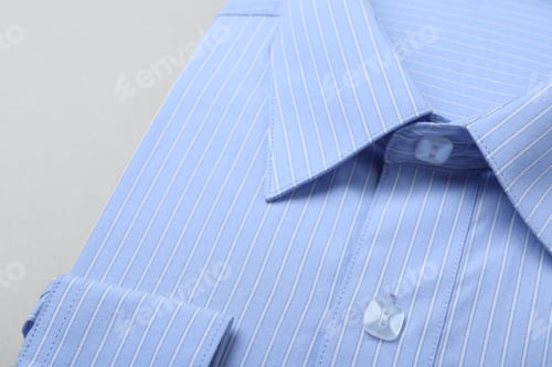 Preview: Stylish light blue shirt on white background, closeup. Dry-cleaning service