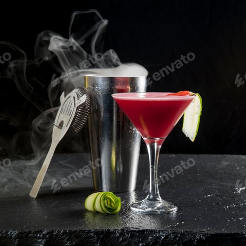 Preview: Crimson Cocktail with Ice Vapor and Zucchini Garnish