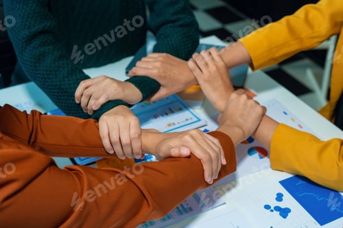 Preview: Close up developer team holding each others wrists, join hands together, support and unity,