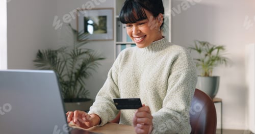 Preview: Woman laptop banking, online shopping and budget payment for bills, money and credit card cash with
