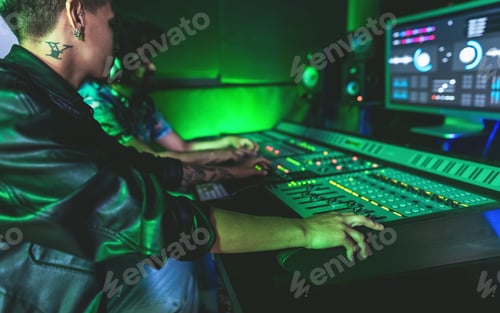 Preview: Young audio engineer people having fun working with mixer sound panel in music recording studio