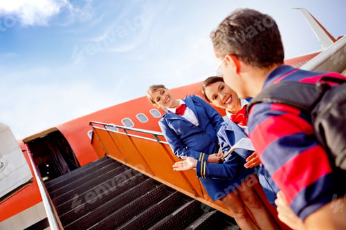 Preview: Passenger Going Into The Airplane And Air Hostesses Welcoming Him