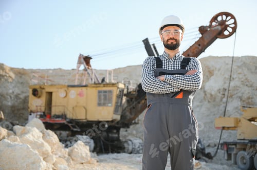 Preview: Extraction of stone. Male worker next to stone quarry. Engineer at construction site