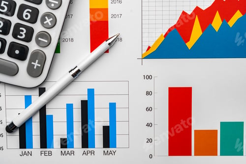 Preview: Business graphs paper and calculator on table