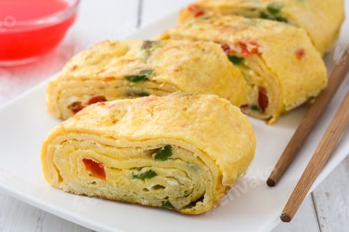 Preview: Tamagoyaki, japanese rolled omelette with chopsticks, resting on white plate