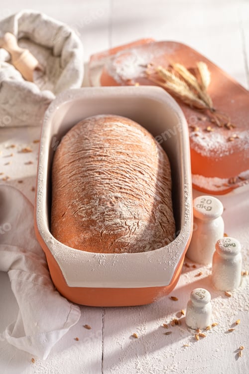 Preview: Homemade and fresh loaf of bread baked in home bakery.