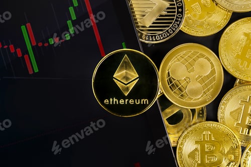 Preview: Close-up of Ethereum coin on digital tablet with graph by various coins