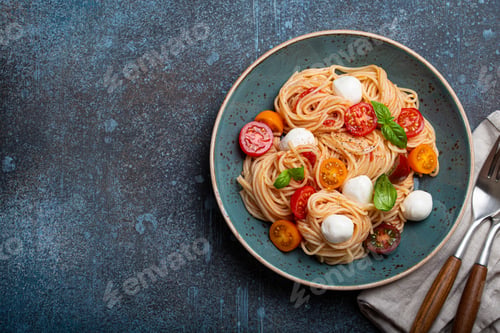 Preview: Spaghetti with mozzarella, colourful cherry tomatoes, fresh basil on ceramic plate