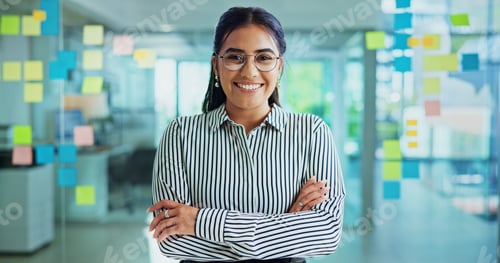 Preview: Woman, smile and glass wall with arms crossed by notes in office for portrait, solution or moodboar