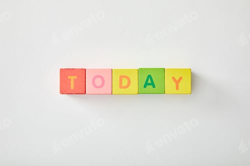 Preview: top view of today lettering made of multicolored cubes on white background