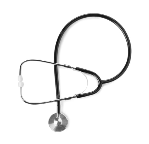 Preview: Stethoscope on white background, top view. Medical device