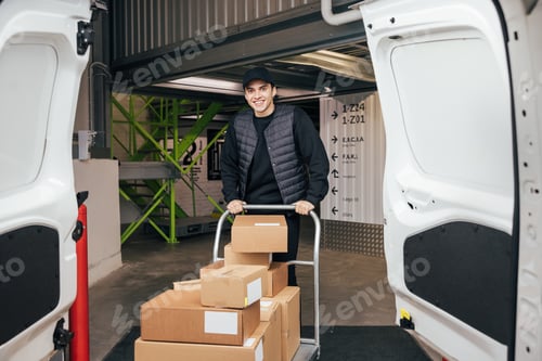 Preview: Smiling courier in uniform standing in warehouse with cart preparing for delivery