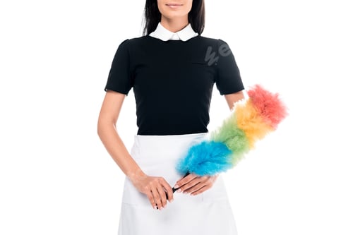 Preview: Cropped view of maid in uniform holding duster isolated on white