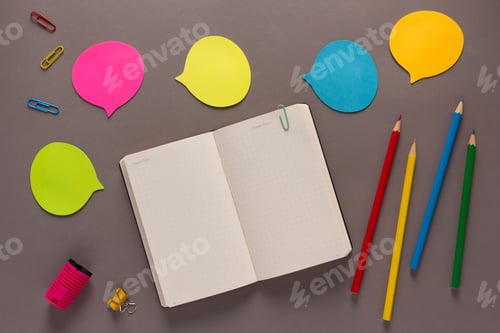 Preview: Education supplies and stationary on grey background texture. School concept idea
