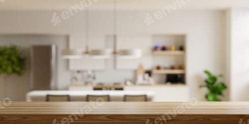 Preview: Wooden table top on blur kitchen room background.