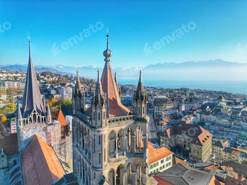 Preview: Aerial shot of the Lausanne Cathedral in Lausanne, Switzerland.