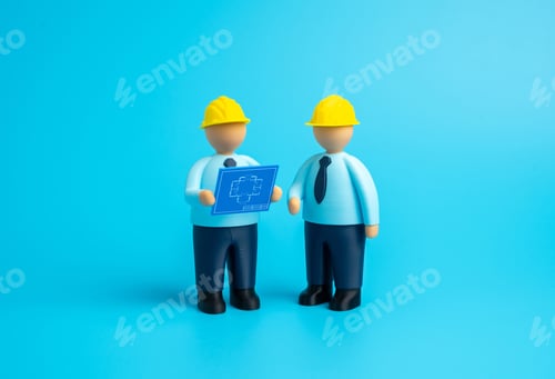 Preview: Builders study blueprints. Design and construction. Planning of new projects