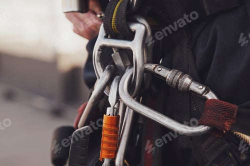 Preview: Equipment of industrial mountaineering worker on roof of building during industrial high-rise work