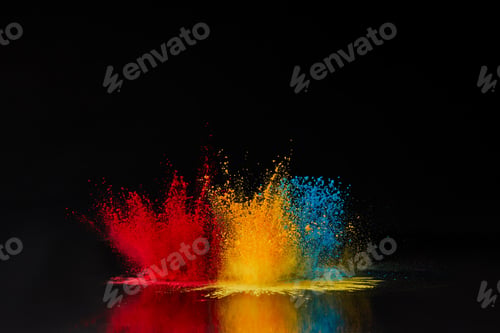 Preview: red, blue and yellow holi powder explosion on black, Hindu spring festival