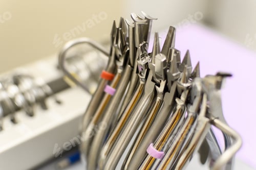 Preview: Close-up photo of special dental tools and instruments. Selective focus, depth of field.