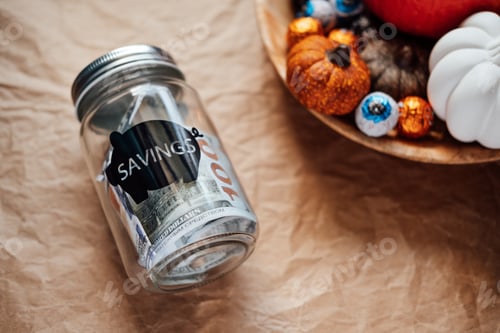 Preview: Save Money Halloween, Savings, Halloween on Budget. Glass mason jar piggy bank with dollars cash on