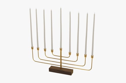 Preview: Golden Menorah with Wood Base and Candles