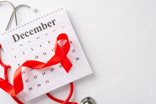 Preview: HIV Awareness Month theme: Overhead shot of a red ribbon, a doctor's stethoscope