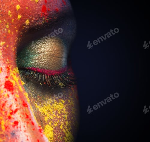 Preview: Closed female eye with colorful makeup on black