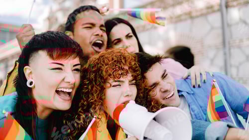 Preview: Gay people celebrating pride festival party with rainbow flags together. Diverse friends at LGBTQ