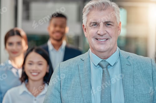 Preview: Portrait, leader and senior businessman with team in office for collaboration, teamwork and startup