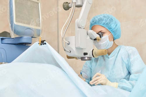 Preview: Ophthalmology laser microscope operation. Doctor in clinic. Patient eye