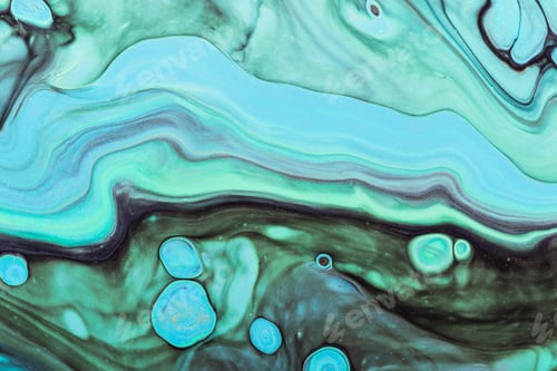 Preview: Pastel green waves with blue spots and gold sparkles. Acrylic Fluid Art. Abstract stone texture