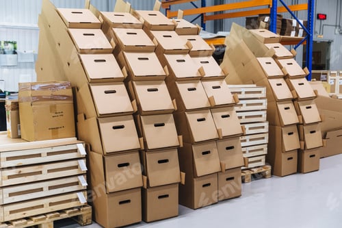 Preview: Many paper boxes against storehouse interior. Cardboard boxed in industry warehouse store