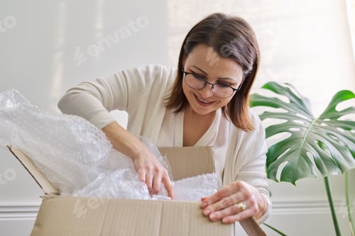 Preview: Mature woman unpacks cardboard box on table at home, in office