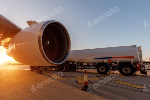 Preview: Aircraft fueling process at sunset with a close-up view of a jet engine and fuel truck