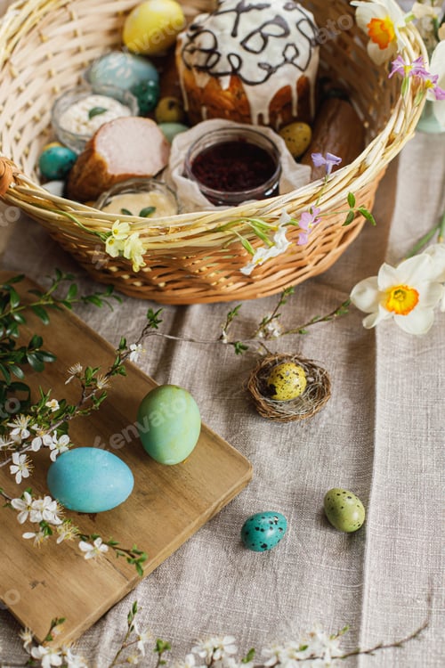 Preview: Natural dyed easter eggs on background of homemade easter bread, ham, beets