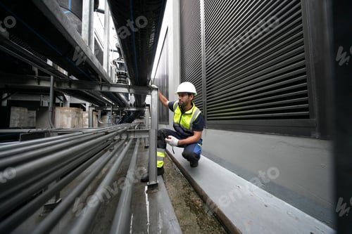 Preview: Worker inspects equipment in narrow alley during daytime in urban environment
