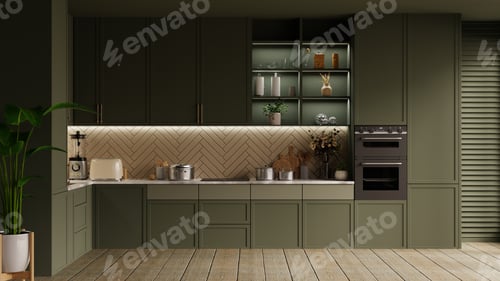 Preview: kitchen dark green interior design,Dining room interior- 3D rendering