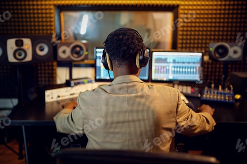 Preview: Male sound engineer at mixing consol, back view