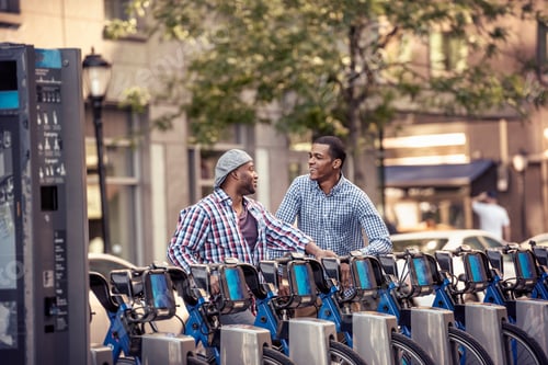 Preview: Two men by a rack of bicycles for hire in a city park