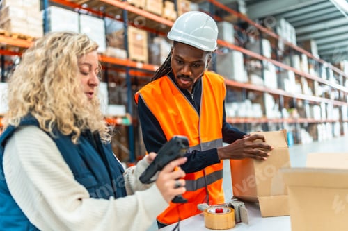 Preview: Multi-ethnic warehouse workers scanning boxes to deliver