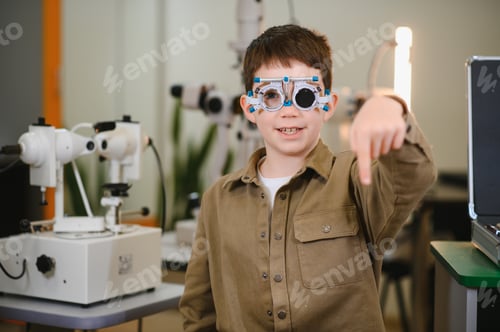 Preview: Boy undergoing eyesight examination pointing down with trial frame in ophthalmology clinic