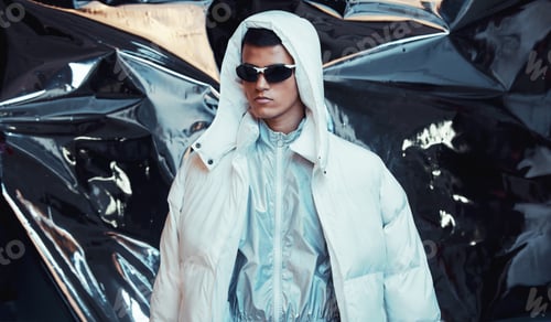 Preview: Holographic, sci fi and man with fashion and futuristic ski style with vaporwave clothing in studio