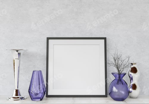 Preview: 3D living room and furniture with blank photo frame
