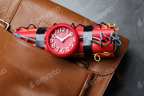 Preview: Leather briefcase with dynamite time bomb on grey table, top view