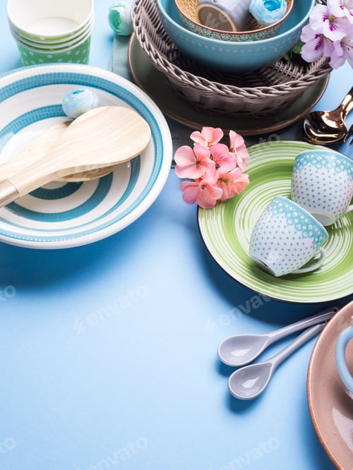 Preview: Tableware dish set on blue pastel background